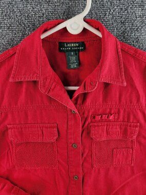 Lauren Ralph Lauren Red Women Button Up Shirt Small Cotton Cargo Pockets Woven